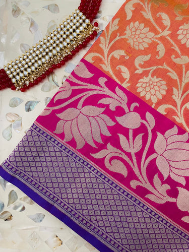 Banarasi Katan Pure Silk Saree | Pink-Orange | Skirt Border | Handwoven | Ships from California